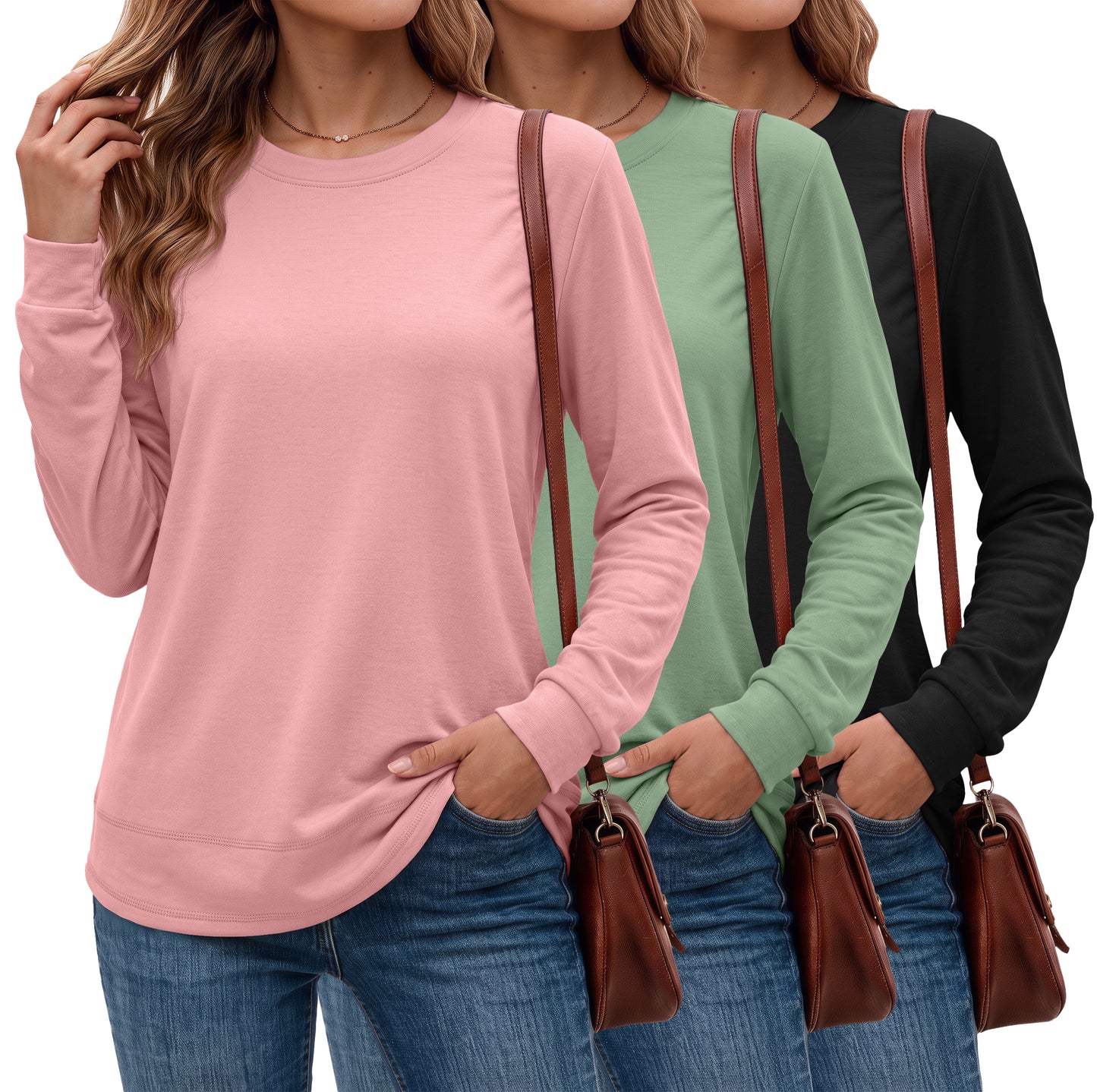 MOSHU 3 Pack Pullover Sweatshirts for Women Crew Neck Long Sleeve Shirts Casual Loose Fit Sweatshirts Curved Hem Tunic Tops