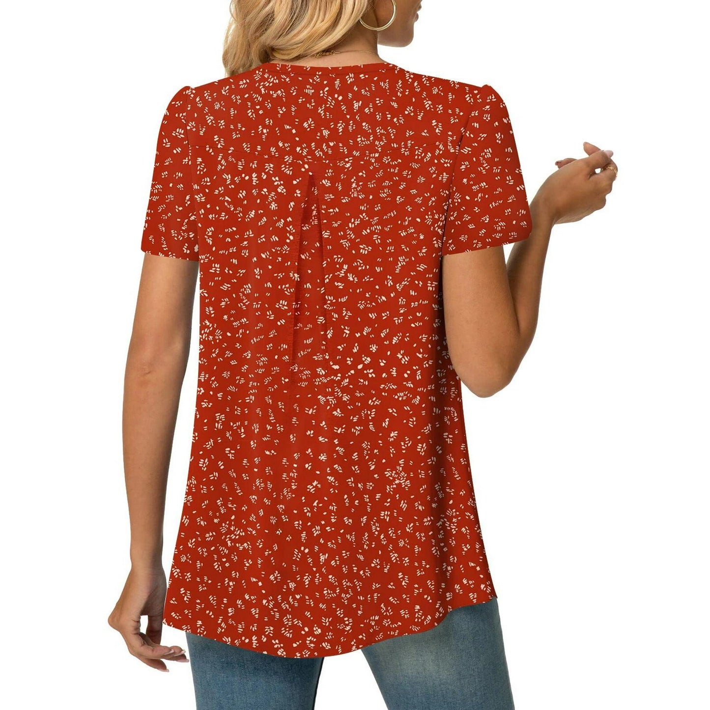 MOSHU T-shirts for Women Pleated Printed Short Sleeve Tunice Tops V Neck Summer Womens Shirts