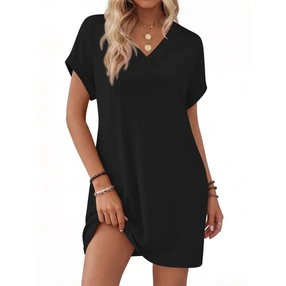 MOSHU Summer Dresses for women V Neck Womens Dresses Short Sleeve Casual Midi Dress with Pockets