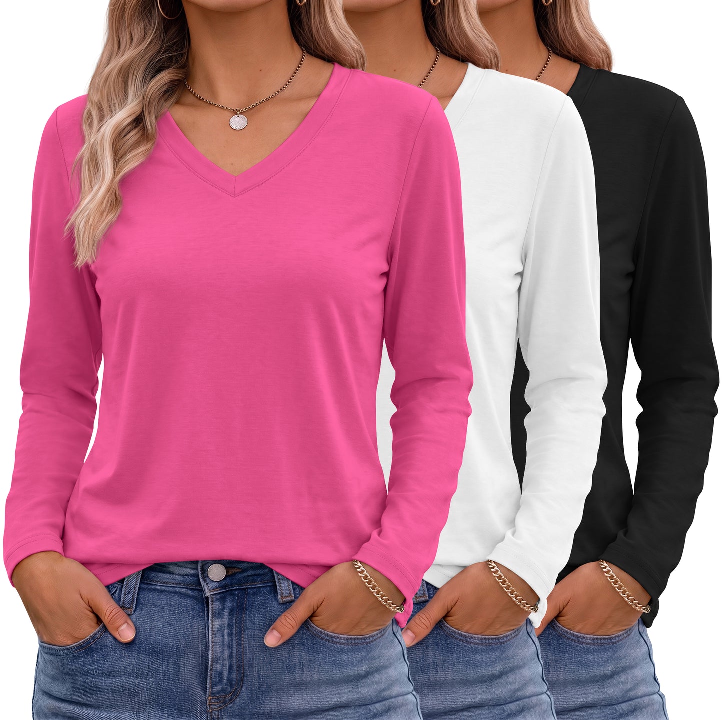 MOSHU 3 Pack T Shirts for Women V Neck Long Sleeve Womens T-shirts Casual Basics Tees Loose Fit Fall Tops